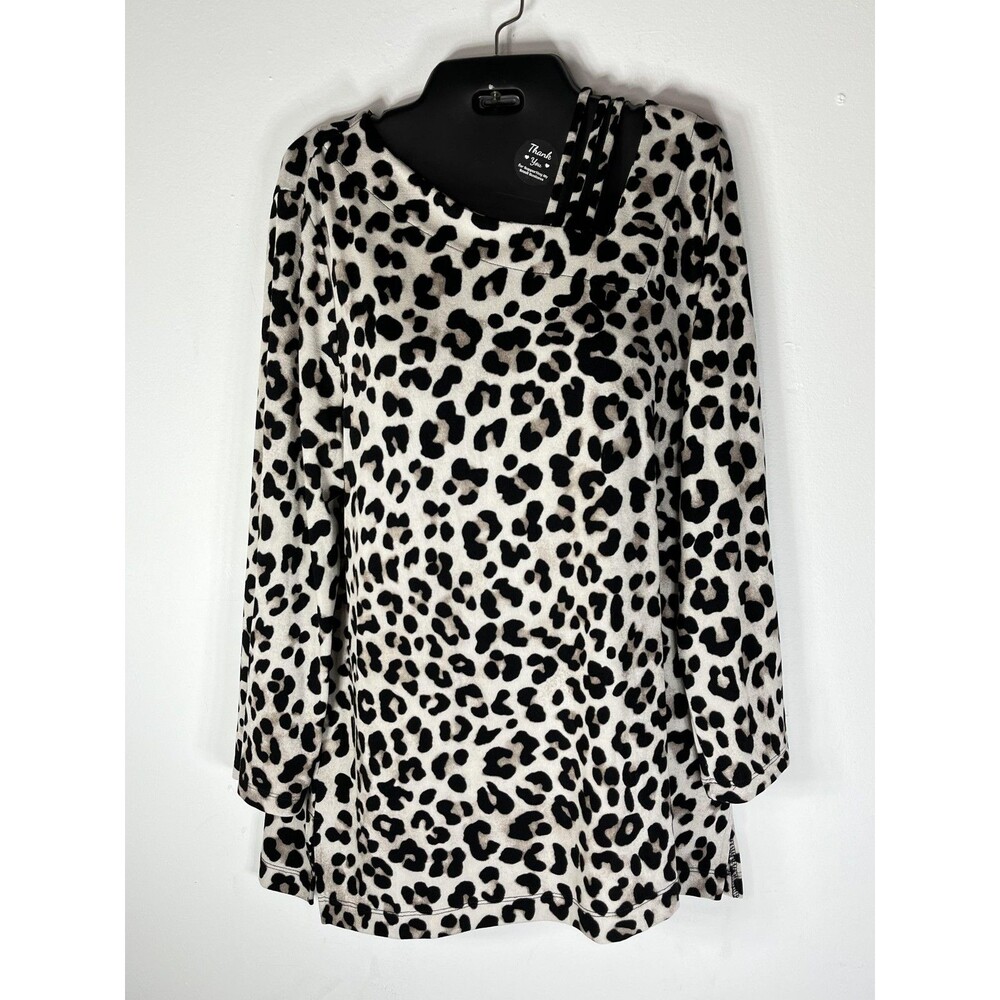 Chico's Blouse Womens 2 L Beige Leopard Strap Neck Long Sleeve Jersey Tunic Top